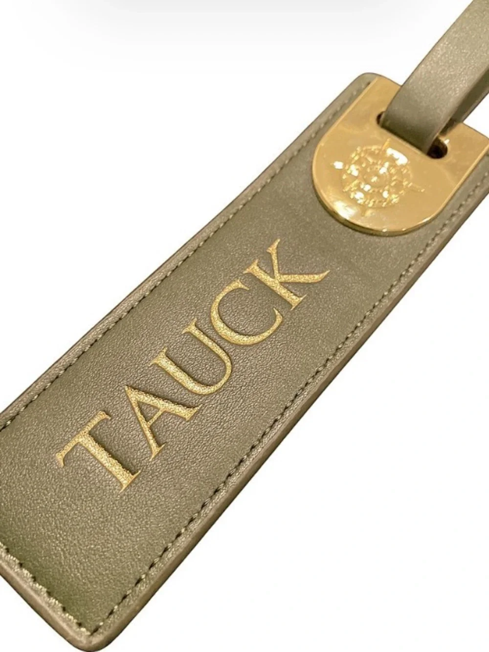 Tauck Olive Green Leather Luggage Tag with Gold Hardware